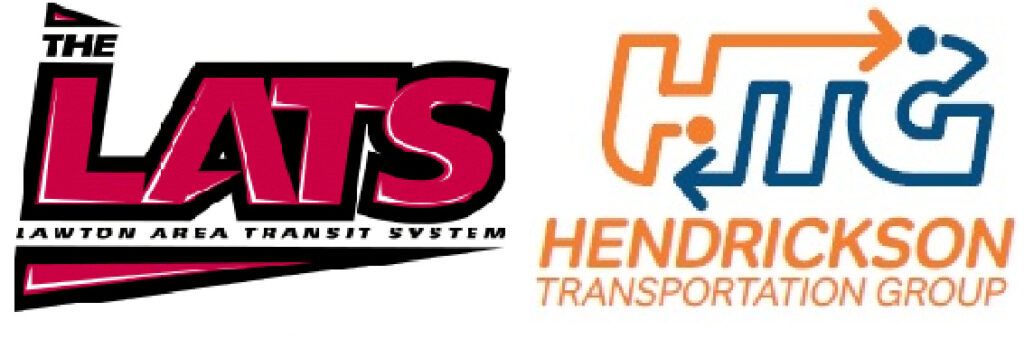 Lawton area transit system logo in red block font and black outline. There is a second logo with HTG in orange and navy blue for the Hendrickson Transportation Group who is the parent company.
