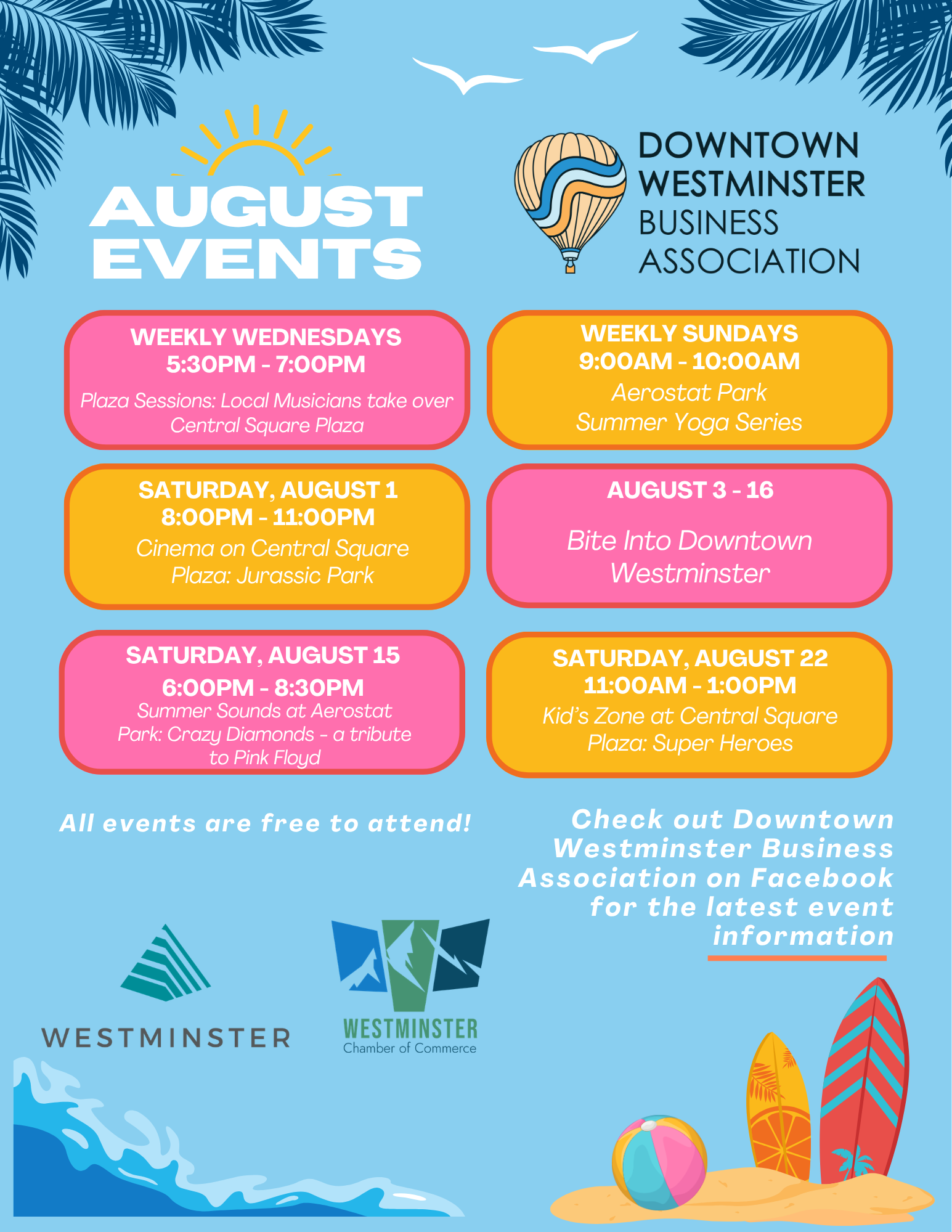 August events flyer for Downtown Westminster Business Association, with colorful event dates and downtown graphics.