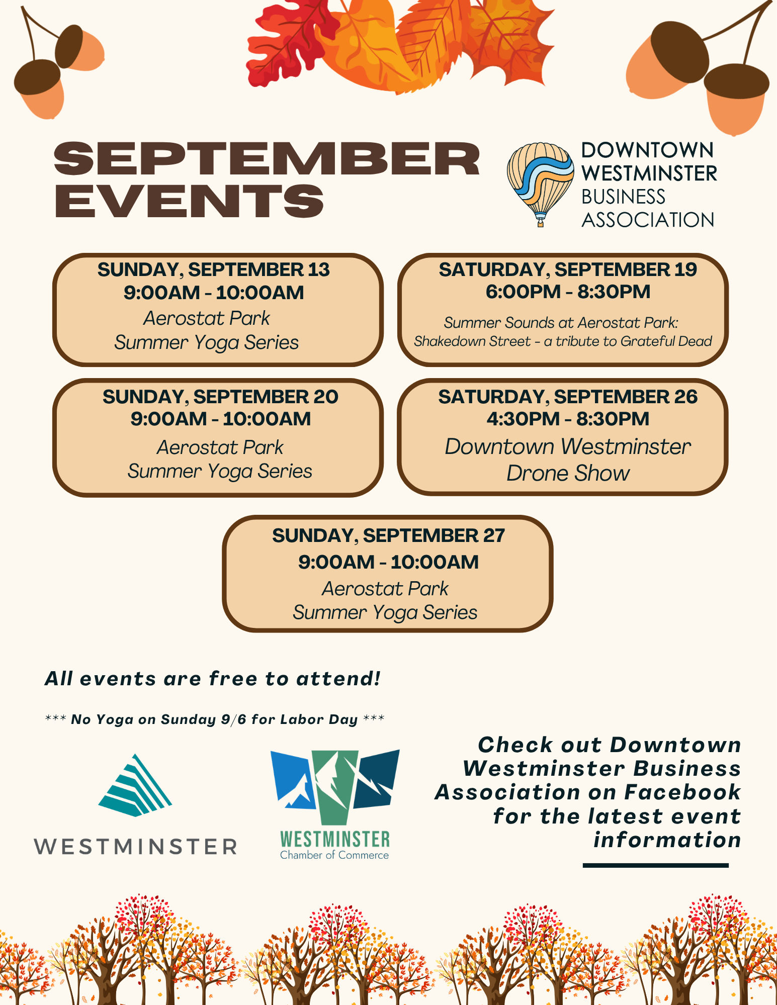 September events flyer with dates, times, downtown activities, and autumn leaves border for Westminster