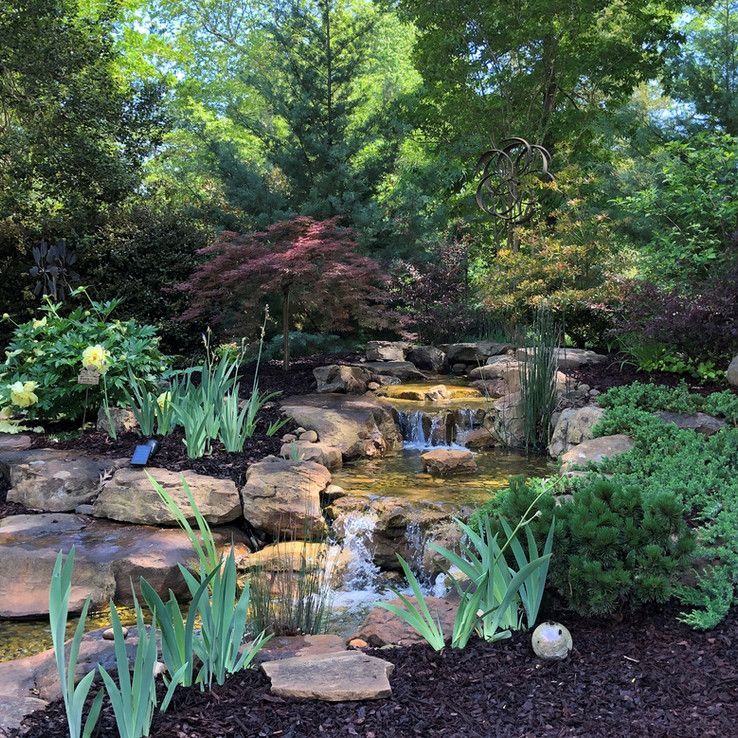 Lush garden pond with small waterfall, rocks, and green plants under trees