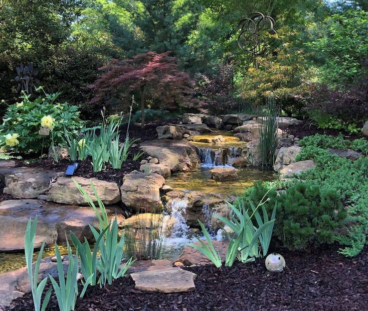 Garden pond with cascading waterfall, rocks, and green plants surrounded by lush landscaping