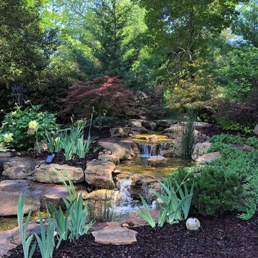 Lush garden waterfall over stacked rocks, surrounded by green plants and red-leaf shrubs.