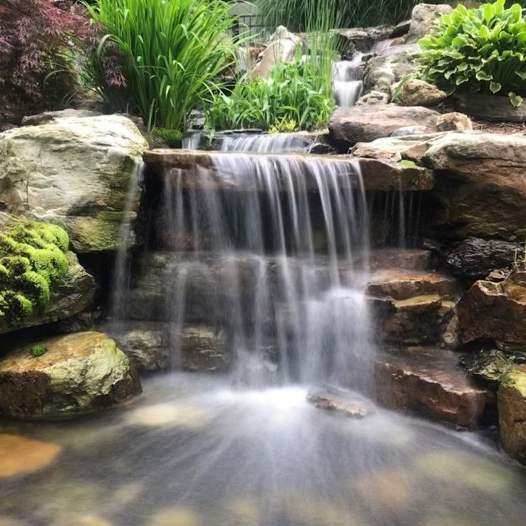 Small waterfall cascading over rocks into a pond, surrounded by lush green plants.