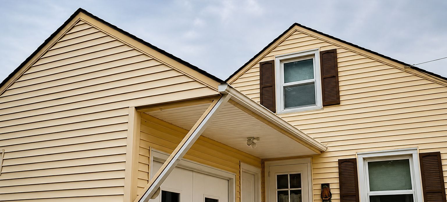 Close-up of a beige house exterior with white trim and brown shutters under a cloudy sky