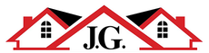 Logo with red house shapes framing 