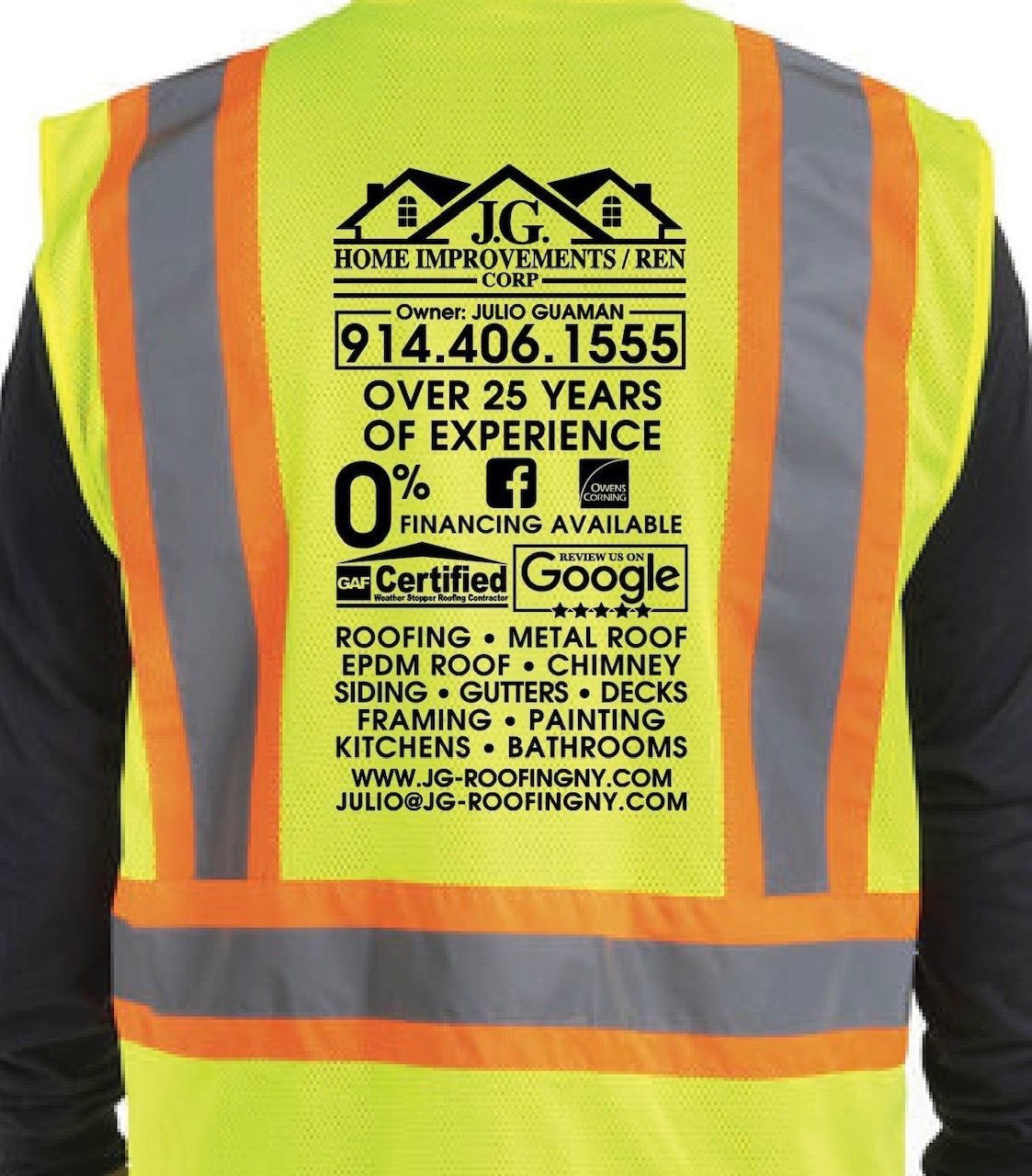 Yellow safety vest with company logo, phone number, and services listed on the back.