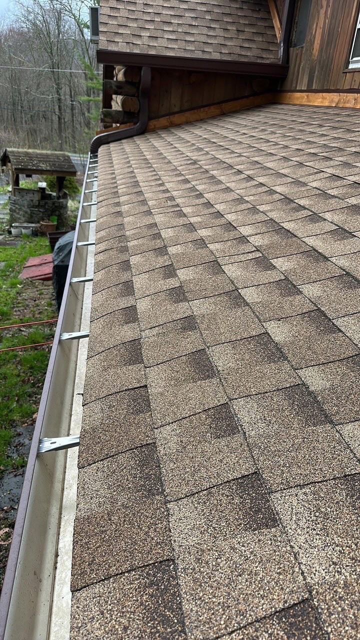 Brown shingled roof with a gutter along the edge; outside setting.