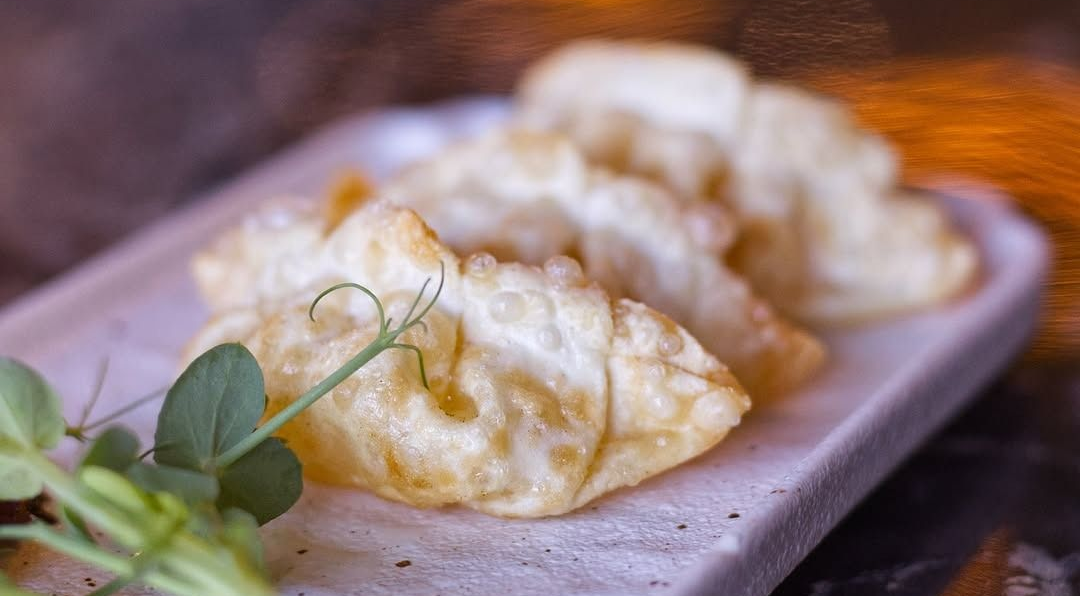 Una fila di ravioli croccanti, cotti in padella e guarniti con germogli freschi, disposti su un piatto di pietra chiara.
