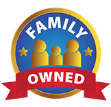 Family-owned business logo, blue and gold circular badge with three gold people silhouettes and red banner.