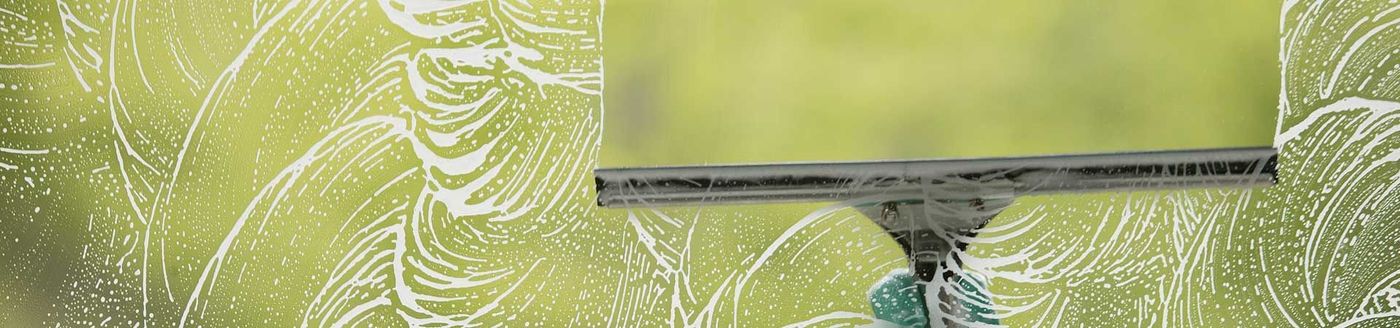 A window being cleaned with a squeegee, soapy surface, and a blurry green background.