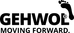 A black and white logo for gehwol moving forward with a footprint.