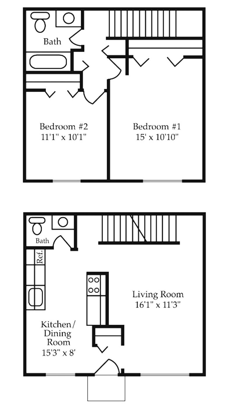 a floor plan of a house with two bedrooms and a living room