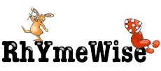 Het RhYmeWise-logo met oranje kangoeroes en een rode paddenstoel met stippen boven zwarte tekst.