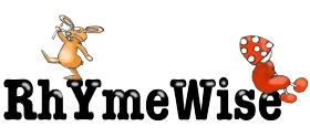 Het RhYmeWise-logo met oranje kangoeroes en een rode paddenstoel met stippen boven zwarte tekst.