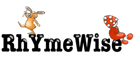 Het RhYmeWise-logo met oranje kangoeroes en een rode paddenstoel met stippen boven zwarte tekst.