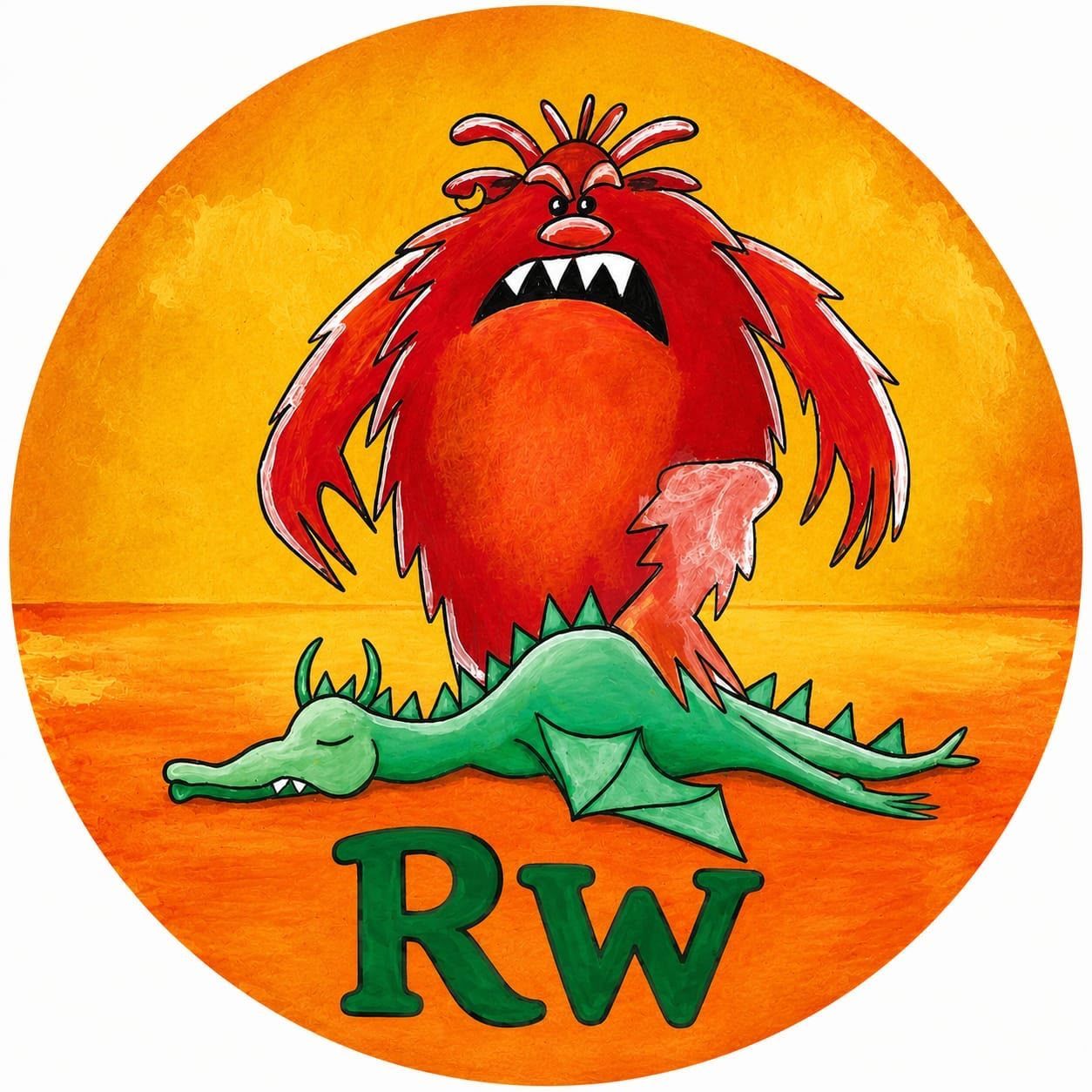 Een rood monster staat boven een groene krokodil met de letters 