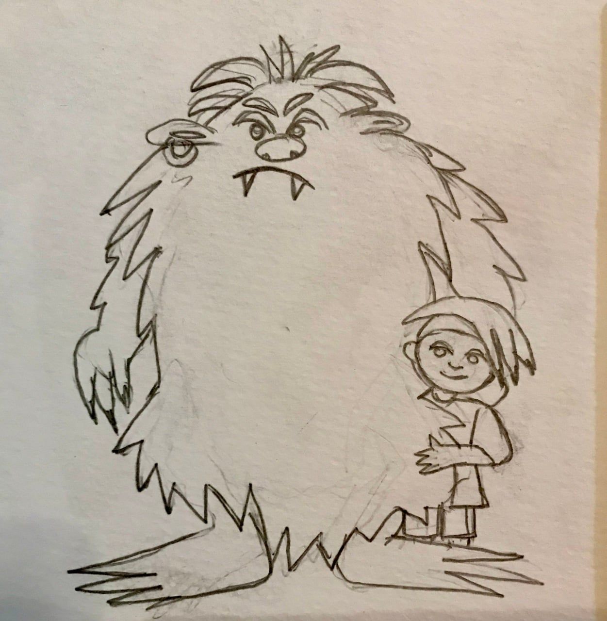 Cartoon van een groot, harig monster dat naast een lachend kind staat, beiden getekend in zwart-wit.