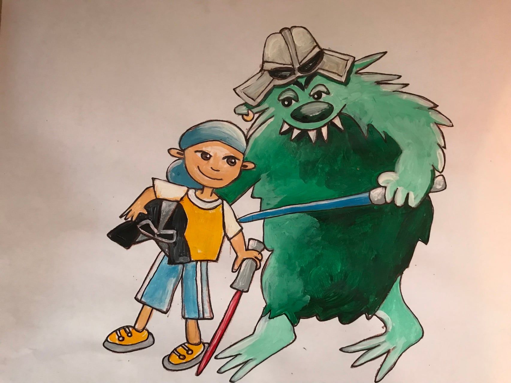 Een stripfiguur met een petje staat naast een groen, harig monster dat een blauwe staaf en een honkbalbat vasthoudt.