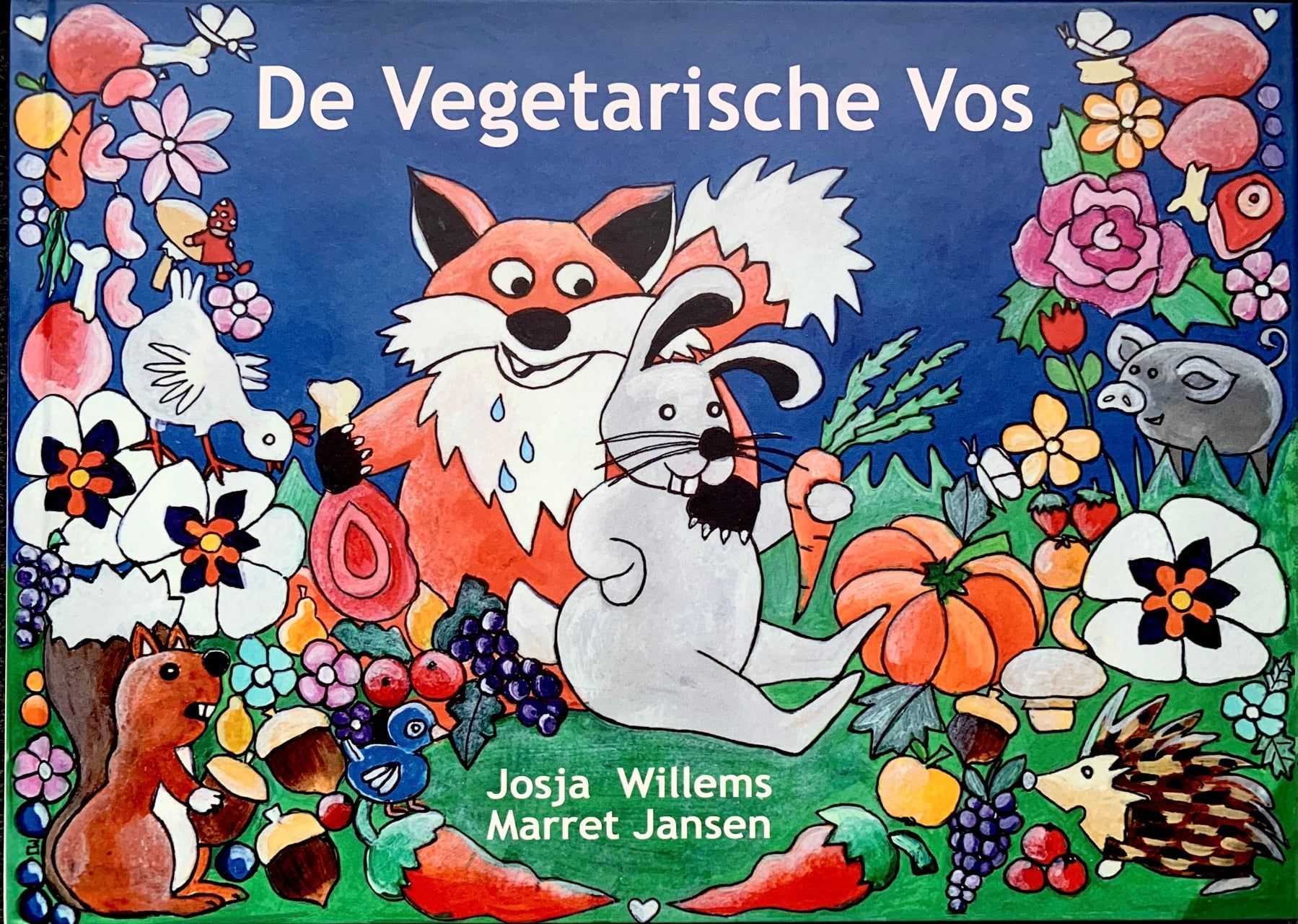 Geïllustreerde vos en konijn tussen bloemen met de Nederlandse titel 