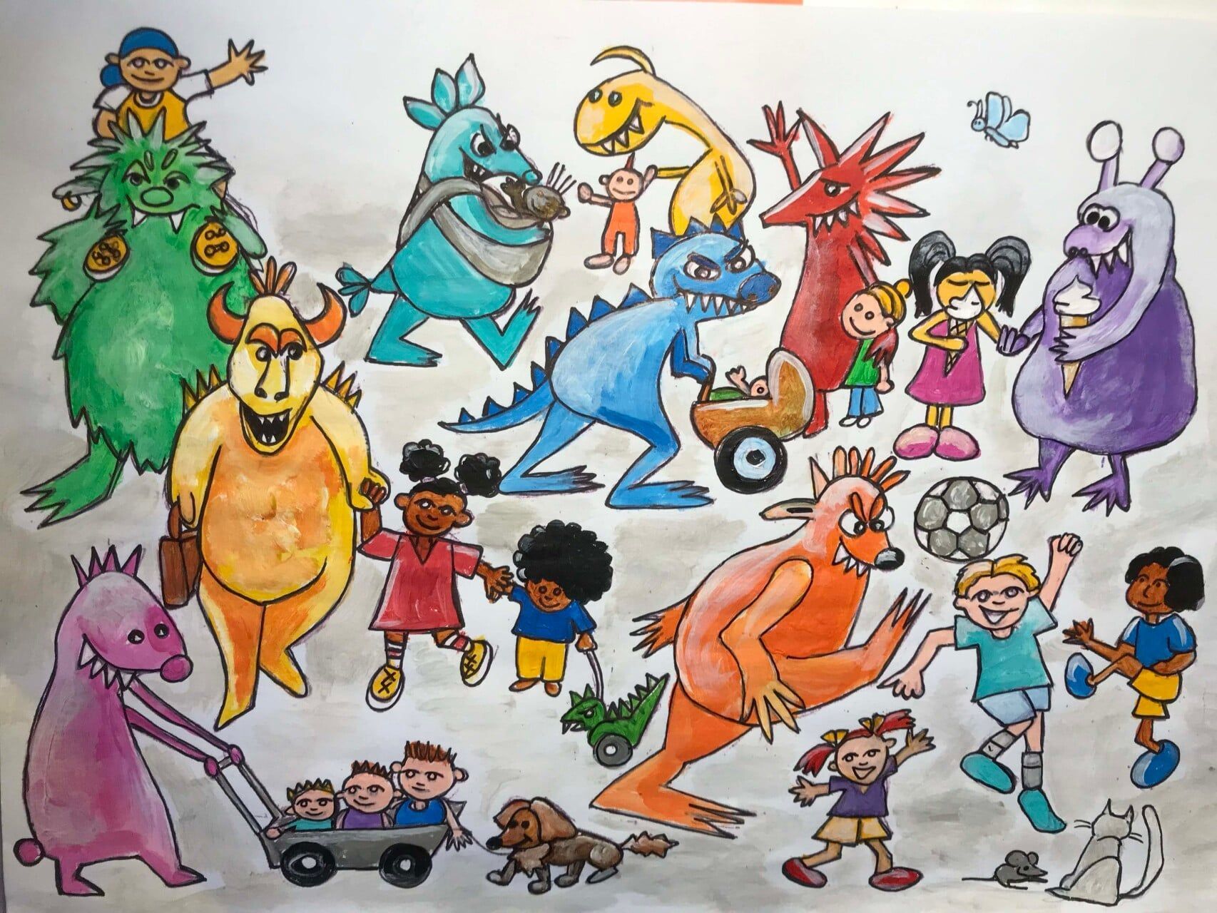 Cartoonmonsters en kinderen spelen samen voetbal op een witte achtergrond.