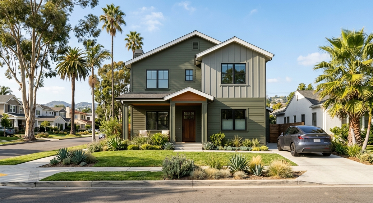 Modern house in Los Angeles neighborhood featuring fiber cement siding. The two-story home shows two different siding colors (olive green and grey) and styles (horizontal and vertical board and batten). The landscaping is Mediterranean and drought-tolerant with palm trees and native plants. Includes a dark grey SUV in the driveway.