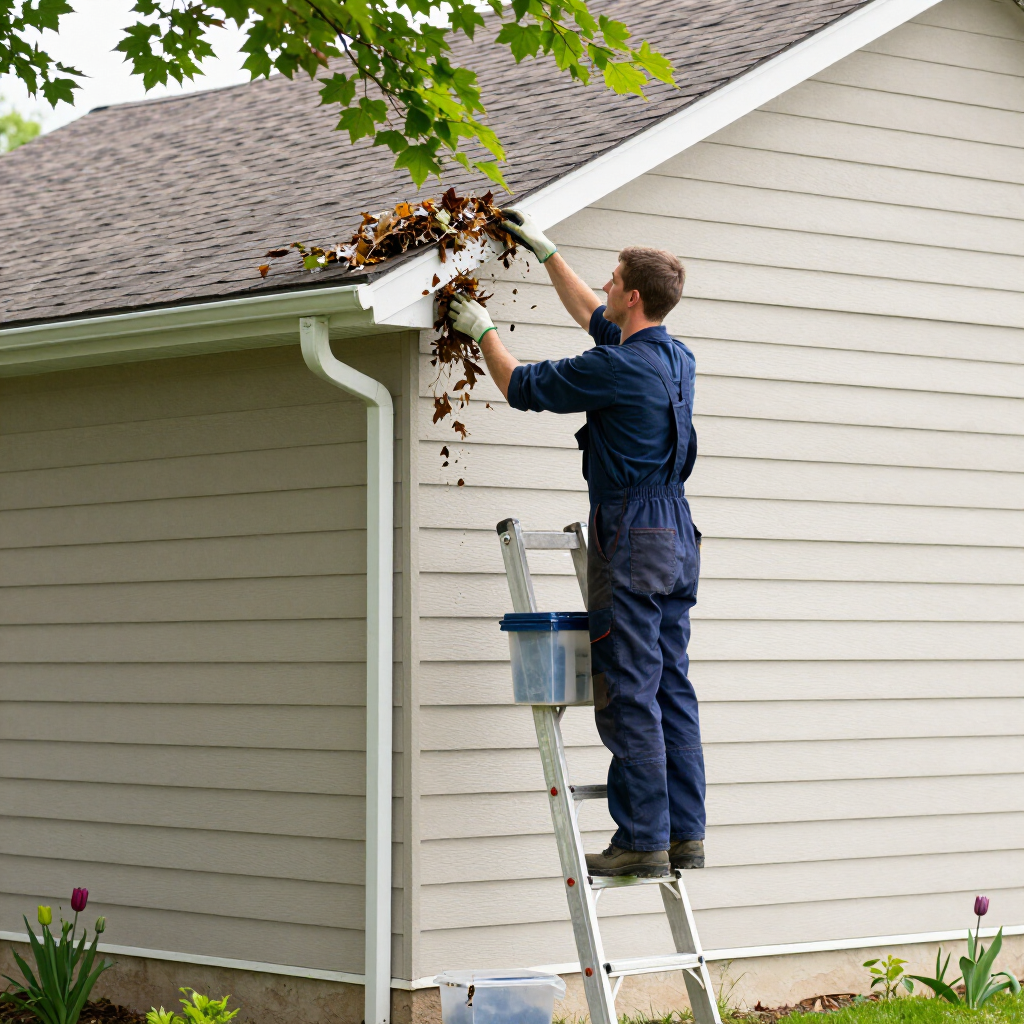 Worker cleaning debris from a gutter on a house roof using a ladder and bucket