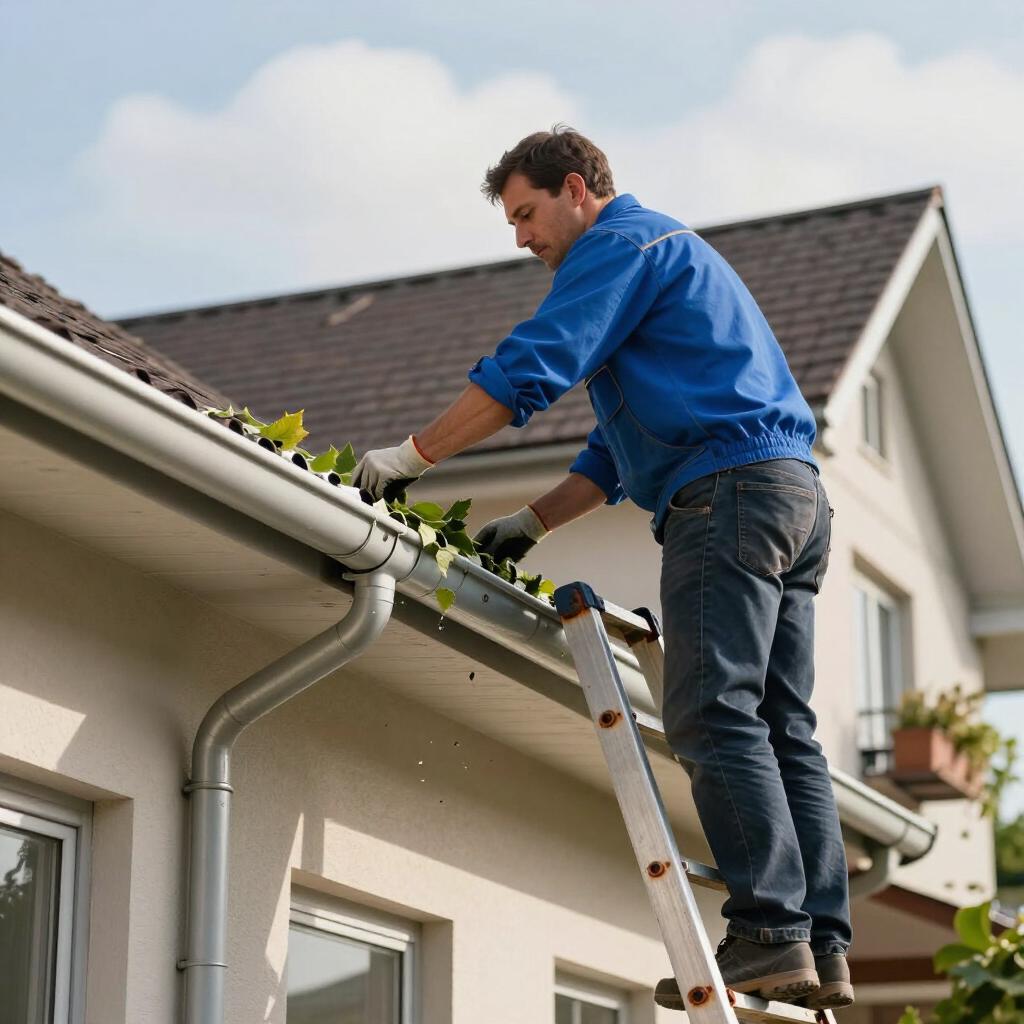 Person cleaning gutters from a ladder on a house exterior