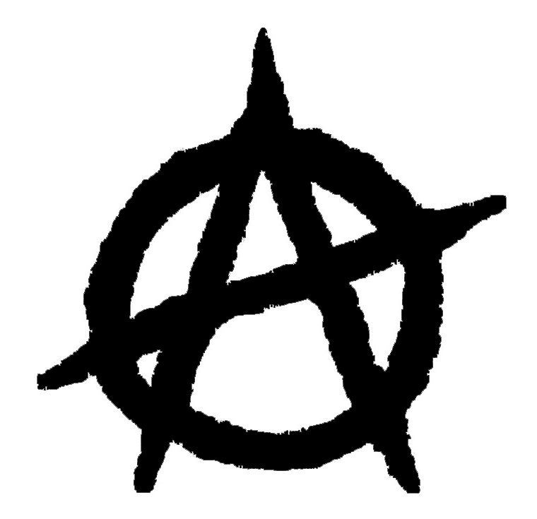 A black and white anarchy symbol on a white background