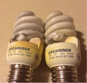 Two sylvania light bulbs are sitting next to each other