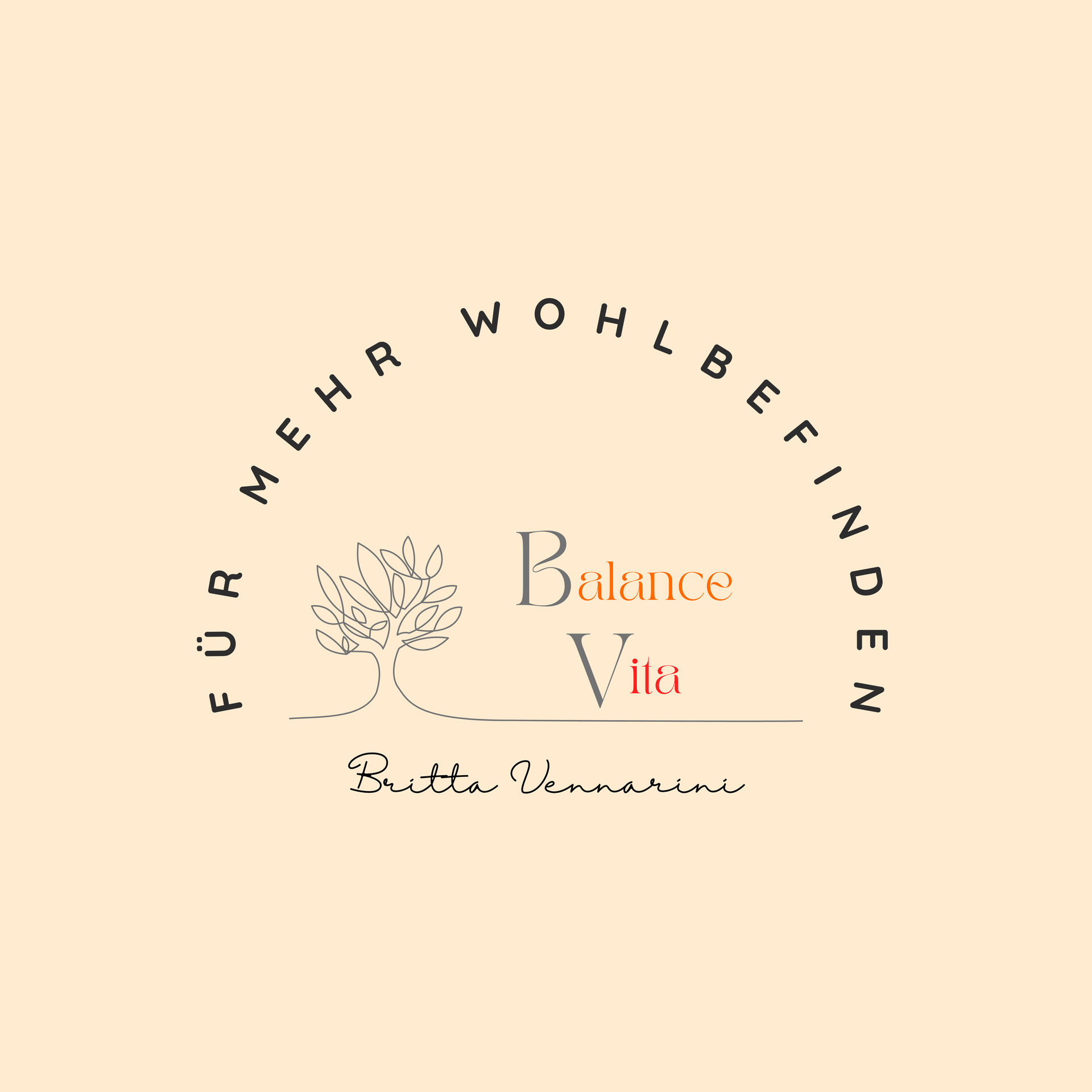Logo für „Balance Vita“ mit einem Baumsymbol und dem deutschen Text „Für mehr Wohlbefinden“ auf beigem Hintergrund