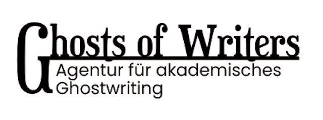 Ghosts of Writers-Logo mit schwarzer Serifenschrift und deutschem Slogan auf weißem Hintergrund
