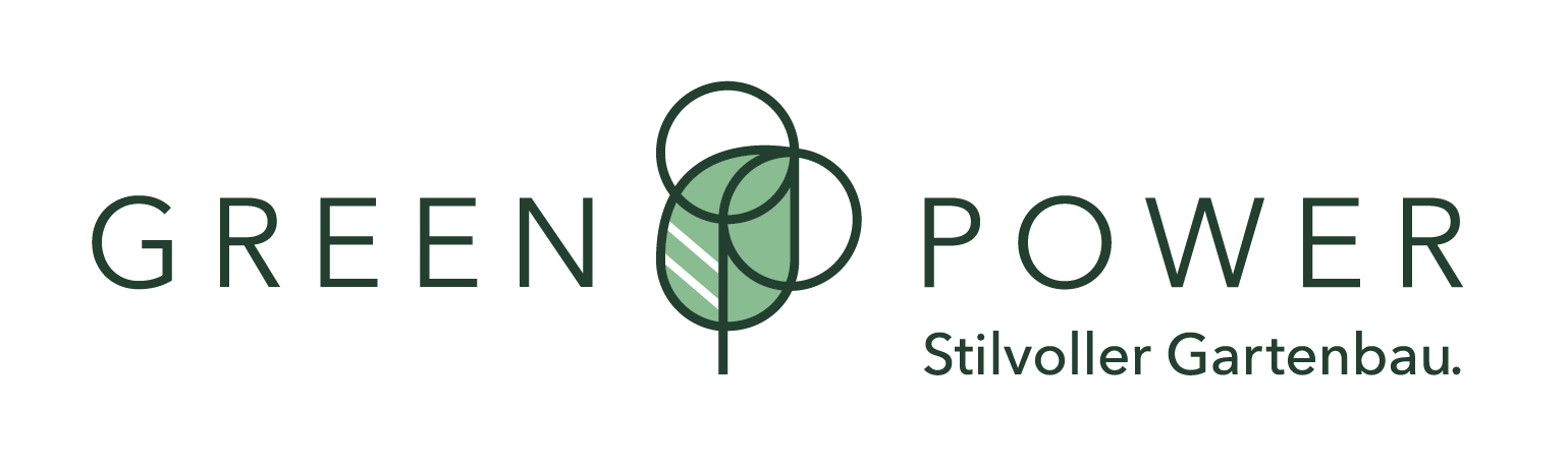 Green Power-Logo mit grünem Blattbaum-Symbol und dem Text „Stillvoller Gartenbau“.