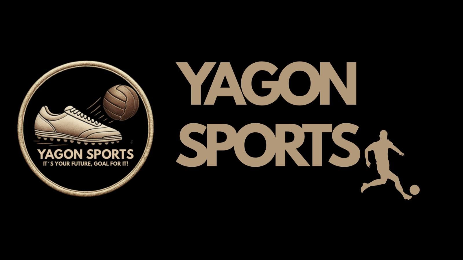 YAGON SPORTS-Logo auf schwarzem Hintergrund mit kreisförmigem Sportemblem und laufender Figur