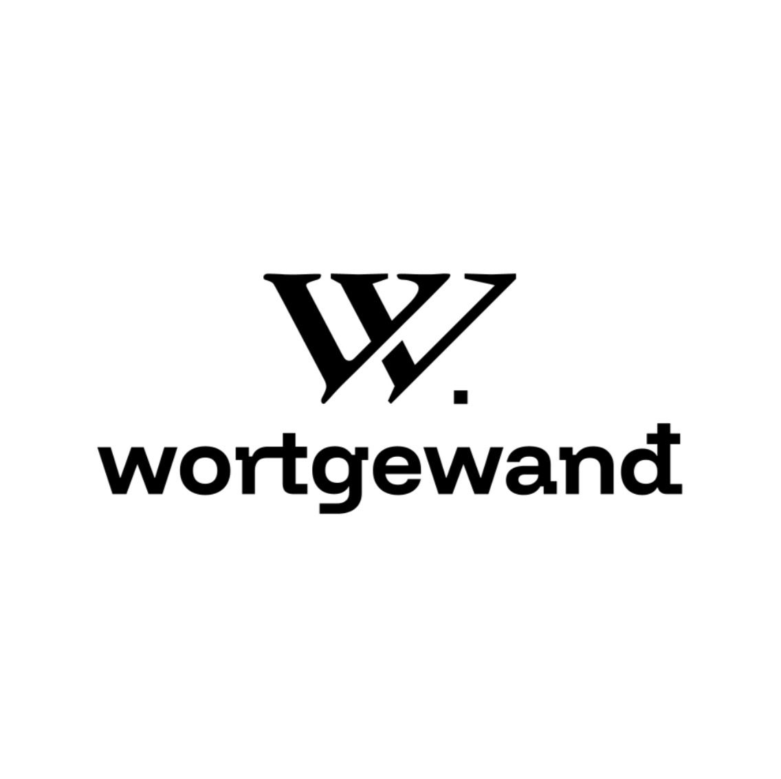 Wordgewand-Logo: stilisiertes schwarzes W über dem Wort „Wortgewand“ auf weißem Hintergrund