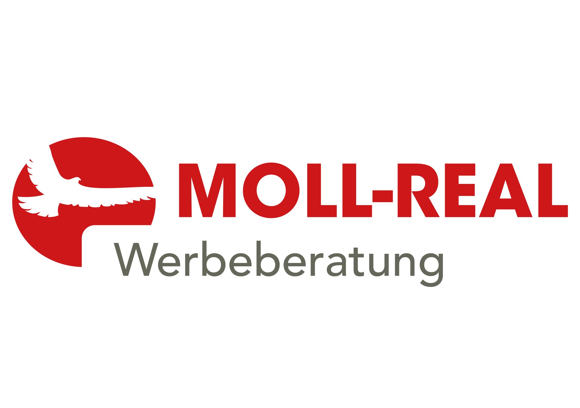 Rotes und graues Logo der MOLL-REAL Werbeberatung mit weißem Grafiksymbol