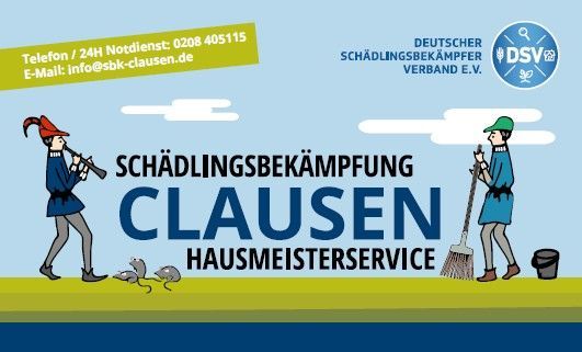 Schädlingsbekämpfung Clausen Hausmeisterservice banner with blue sky, cartoon workers and logo