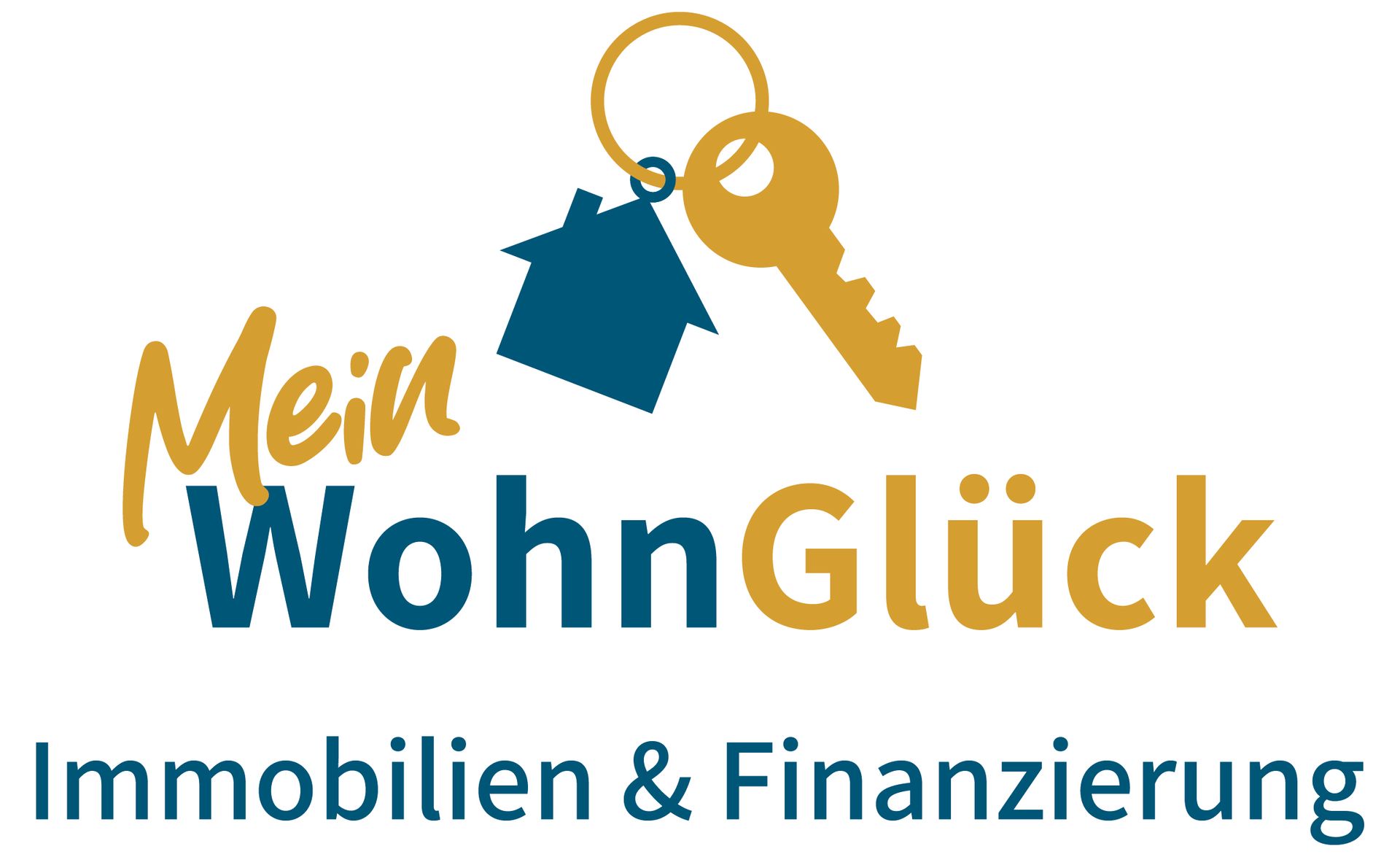 Logo with gold house keys and blue house icon above “Mein WohnGlück Immobilien & Finanzierung” in blue and gold