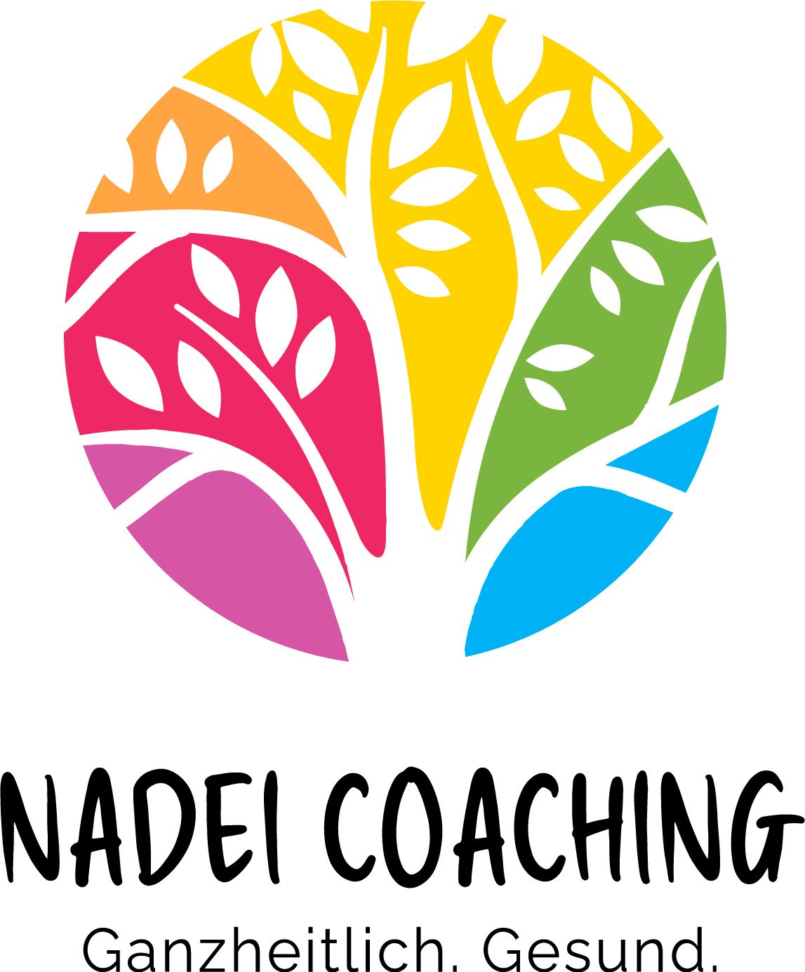 NADEI COACHING Logo mit farbenfrohem, stilisiertem Baum und dem Text „Ganzheitliches Life Coaching“