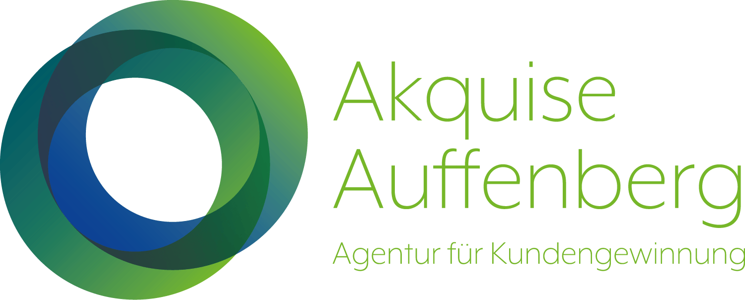Green-blue circular logo with “Akquise Aufenberg” and subtitle “Agentur für Kundengewinnung”