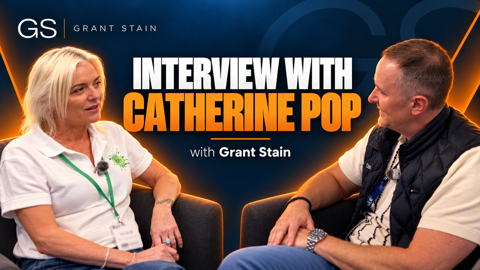 Interview with Catherine Pop and Grant Stain in a studio, with bold white and orange title text.