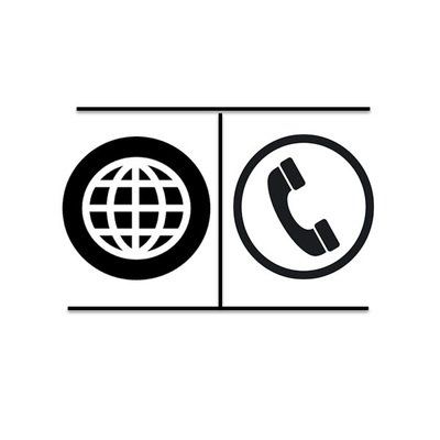 Black and white logo showing a globe in a circle on the left, and a phone receiver in a circle on the right.