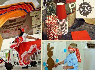 Collage of party scenes: Mexican dancer, party supplies with red accents, and a blindfolded child playing a game.