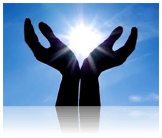Silhouette of hands reaching up toward a bright sun in a blue sky.