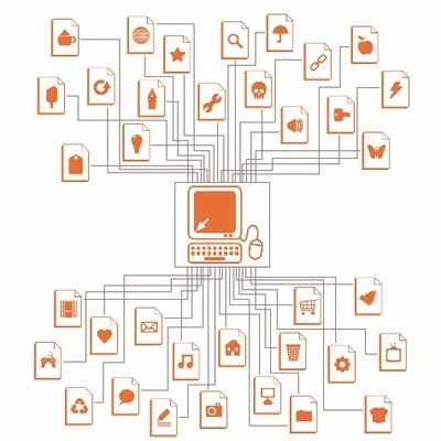 Orange computer connected to numerous document icons via lines, representing data processing and access.