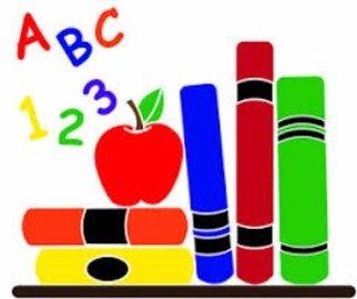 Bookshelf with colorful books, apple, ABCs, and numbers 123, suggesting a learning or education theme.