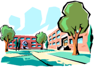 School buildings on a grassy campus with trees under a blue sky.