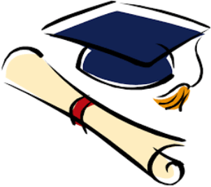 Graduation cap and rolled diploma with a red ribbon, suggesting academic achievement.