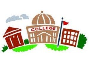 College campus illustration featuring three buildings and a flag; green and brown tones.