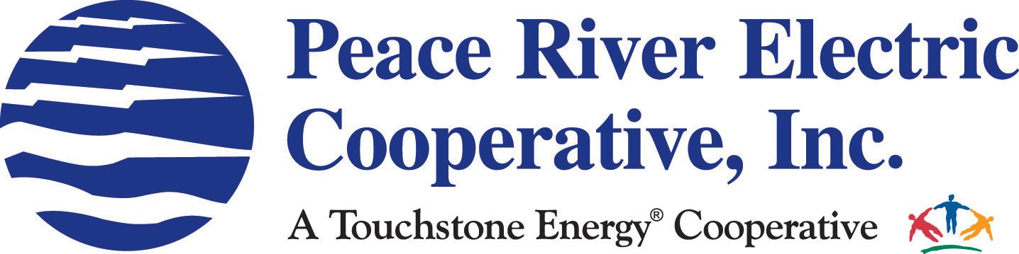 Logo for Peace River Electric Cooperative, Inc. features a blue circle design and text in blue: “Peace River Electric Cooperative, Inc.” and “A Touchstone Energy Cooperative.”