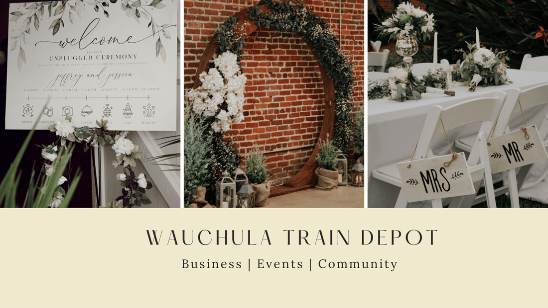Wedding venue decorated with a welcome sign, floral arch against a brick wall, and decorated chairs; the text says 